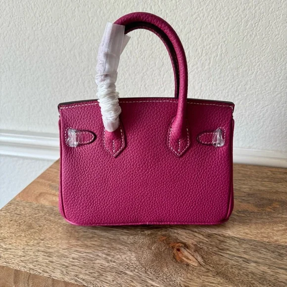 Fuchsia Pink Mini 20 Leather Top Handle Bag Structured Satchel w/ Gold HW B13 - Picture 5 of 10